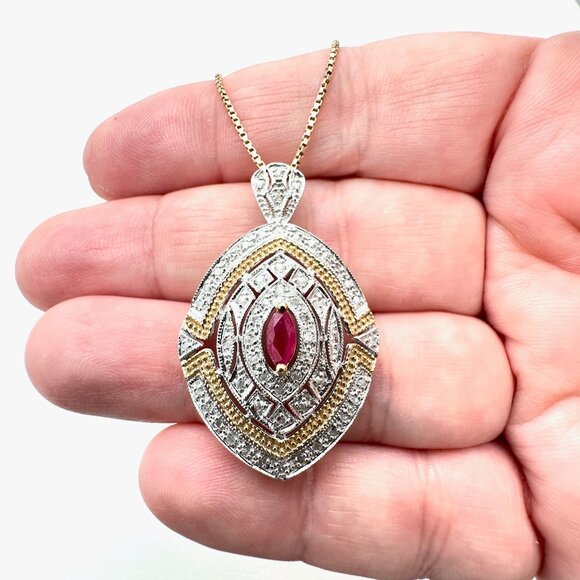 Womens Necklace 10K Yellow White Gold Diamond Ruby 1.5 Pendant 22 Inch 8.6 Grams - Picture 3 of 5
